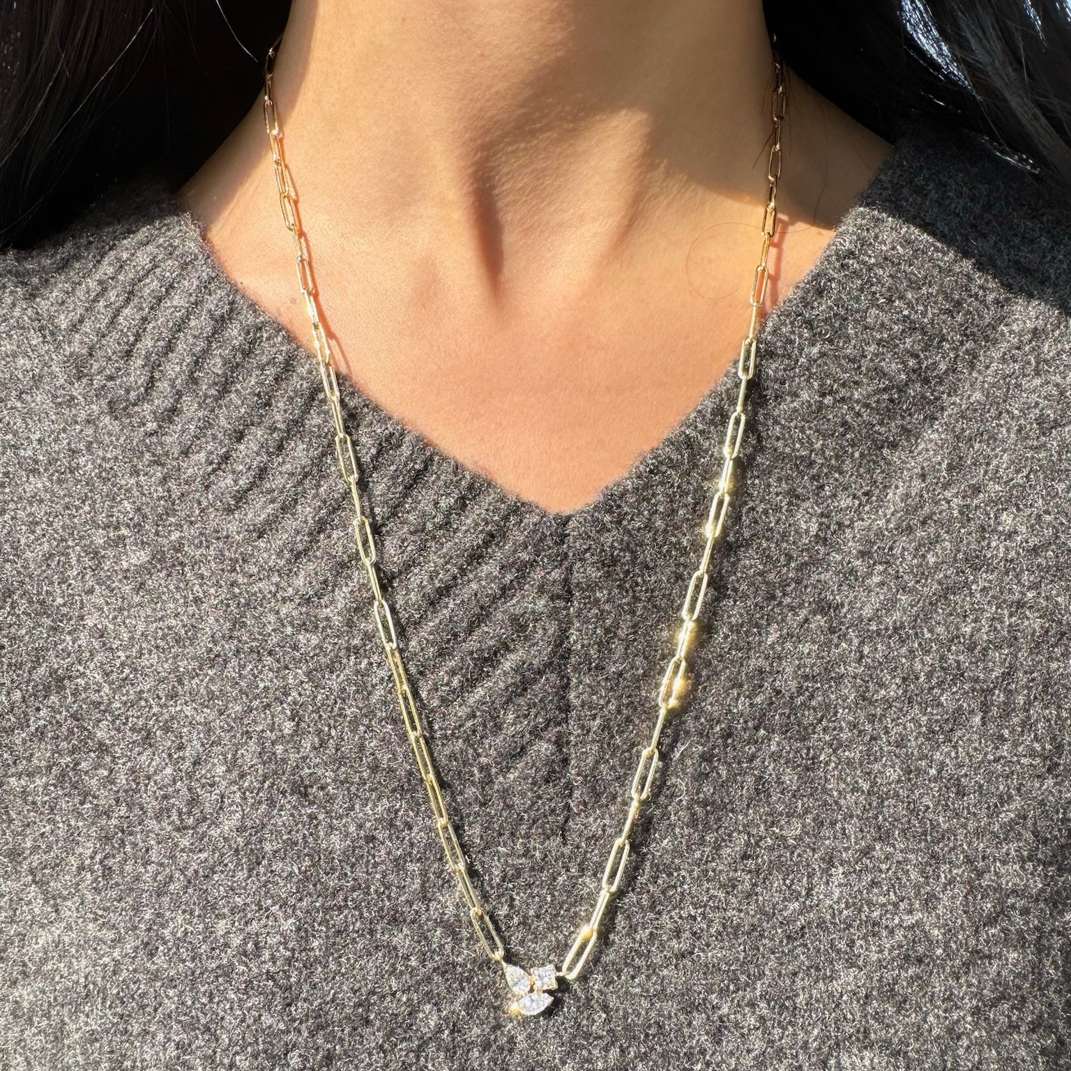 YELLOW GOLD DIAMOND CLUSTER CONTEMPORARY NECKLACE - LONG CHAIN